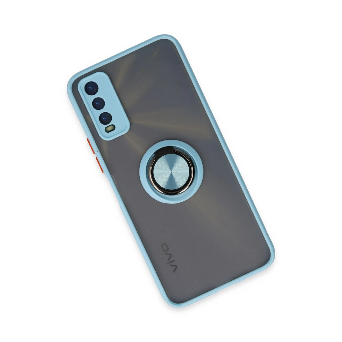 Mavi kenarlı gri telefon kılıfı, halka tutucu ve kamera lensleri.