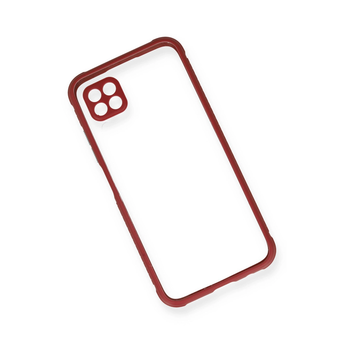 Dört lens açıklığına sahip şeffaf arkalı kırmızı telefon kılıfı.