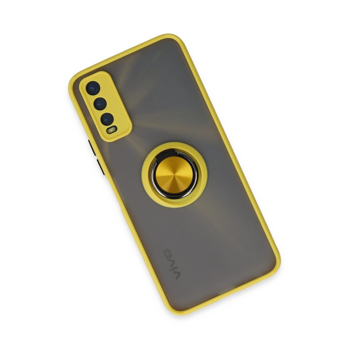 Sarı kenarlı, kameralı ve halka tutuculu gri telefon kılıfı.