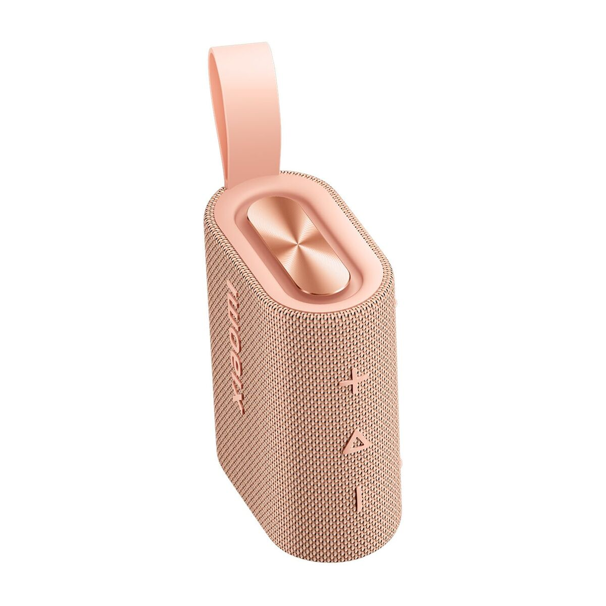 Ein roségoldener Bluetooth-Lautsprecher mit Trageschlaufe und Tasten.