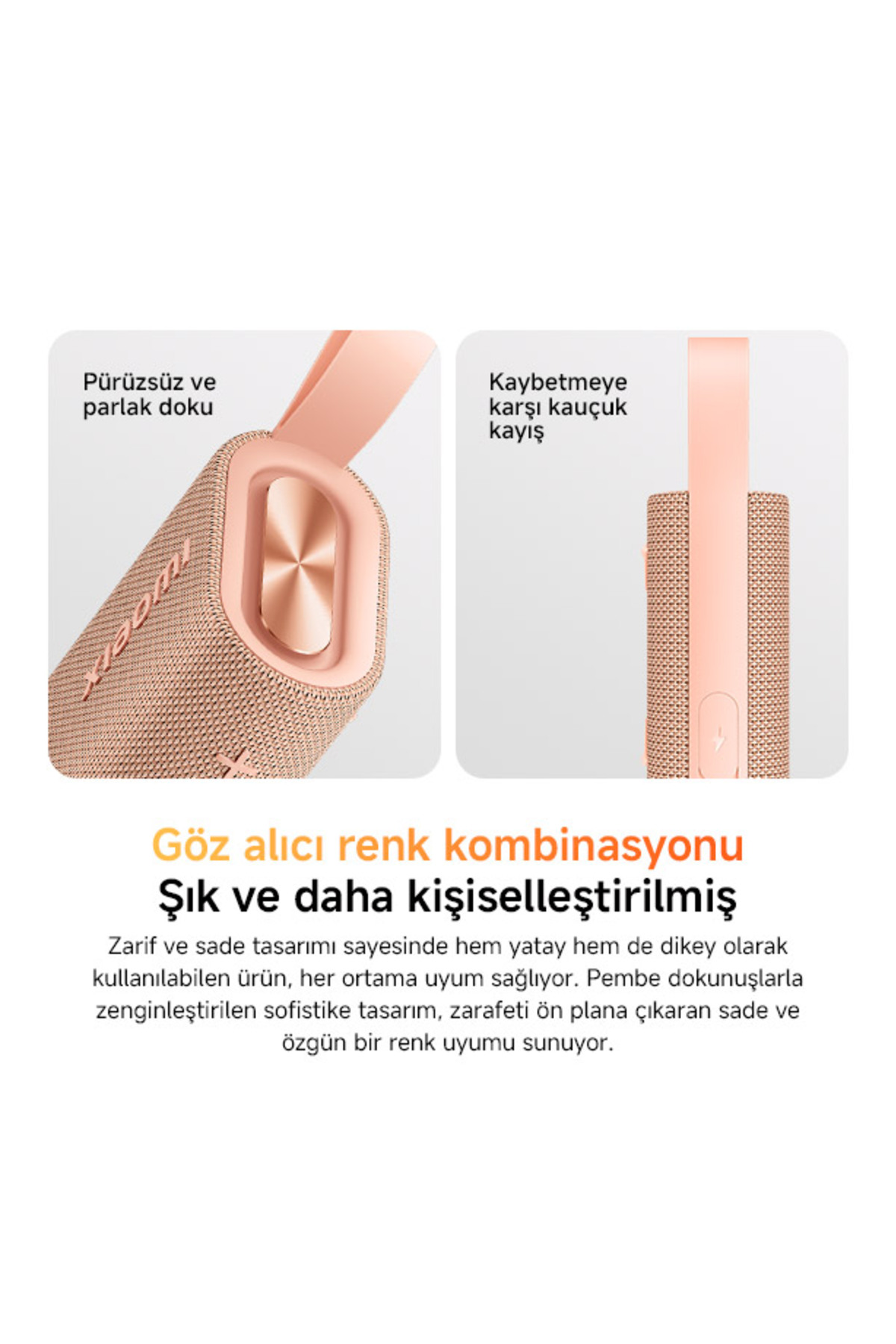 Ein rosafarbener Lautsprecher mit strapazierfähigem Tragegurt und glatter Oberfläche.