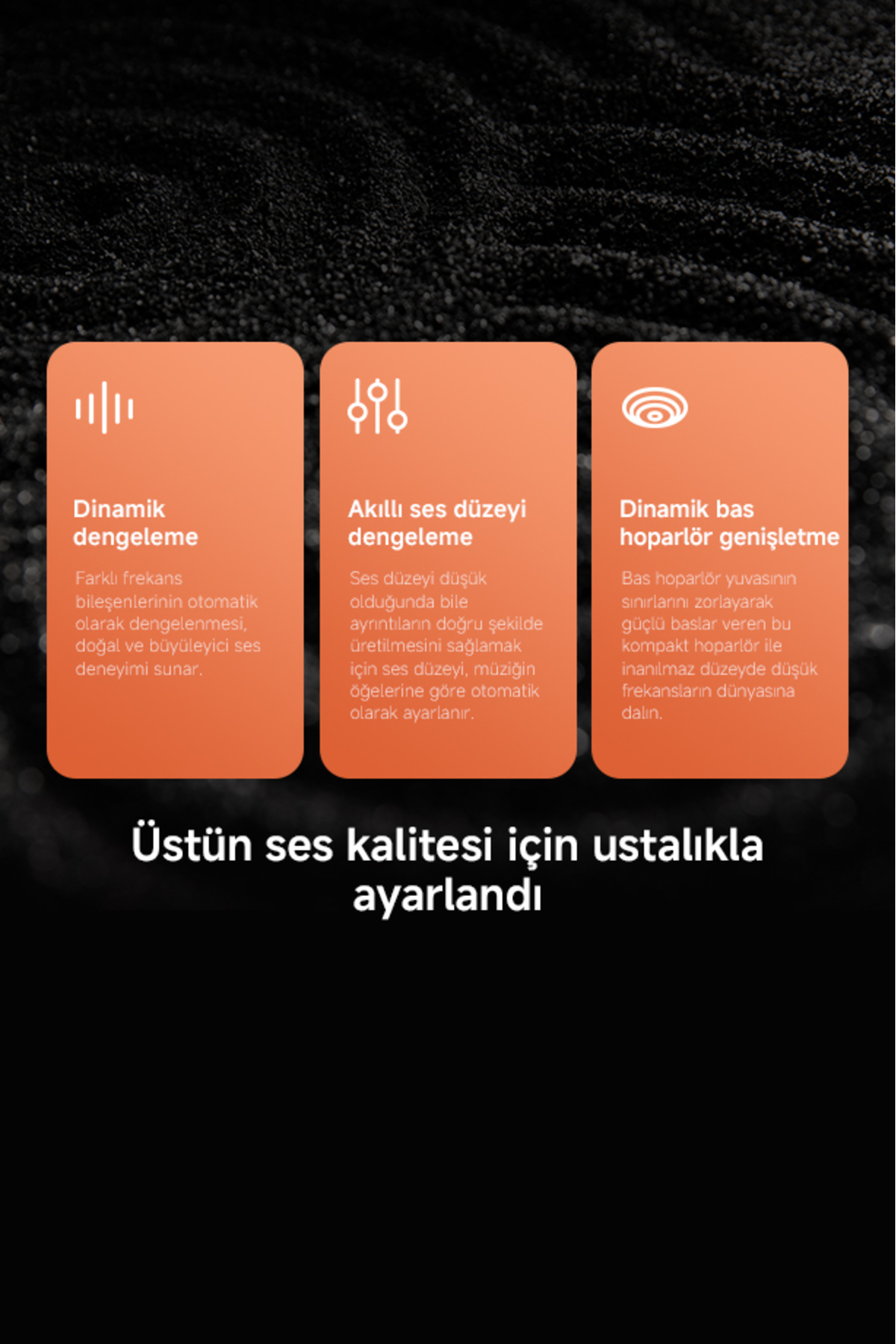Drei orangefarbene Karten mit Icons und Texten zu Audiofunktionen auf schwarzem Hintergrund.