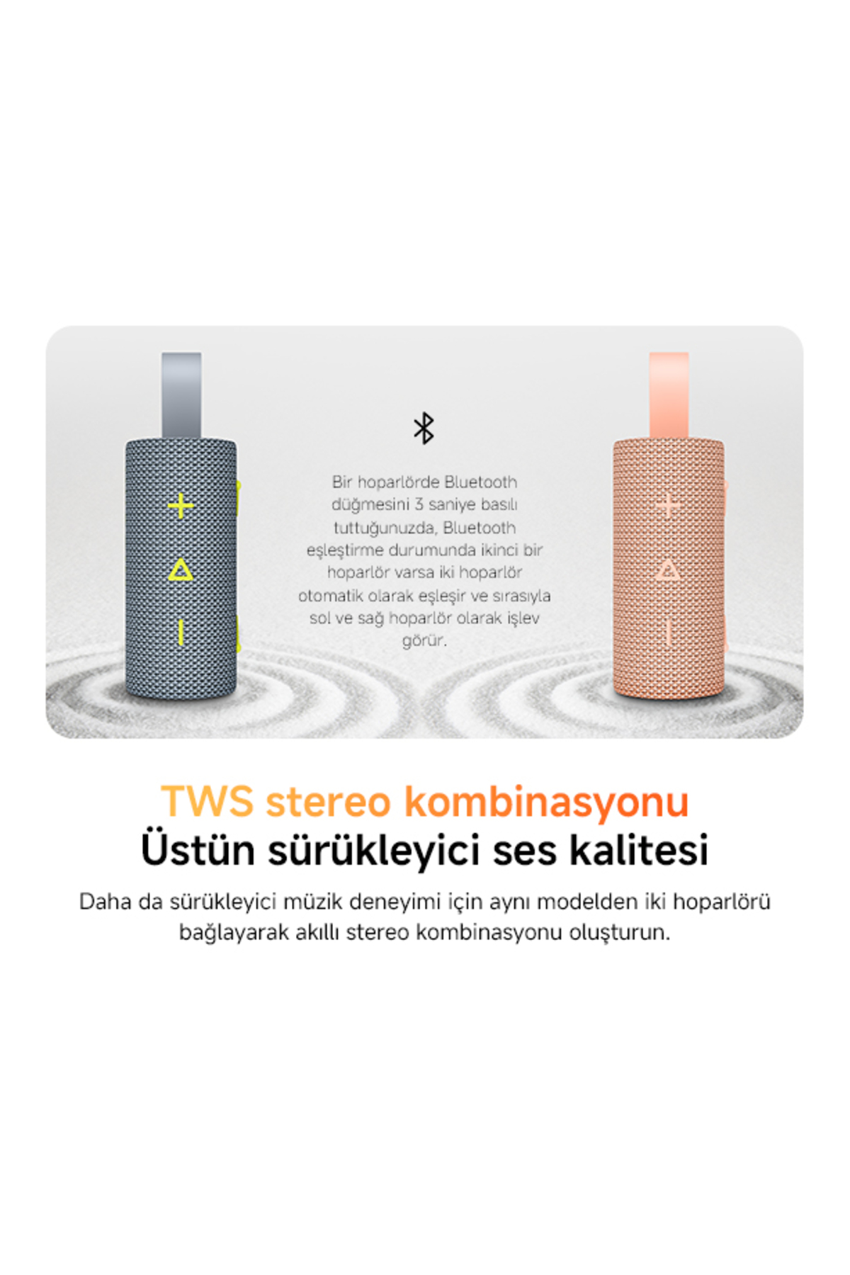 Gri ve pembe Bluetooth hoparlörler yan yana TWS stereo eşleştirmeyi gösteriyor.