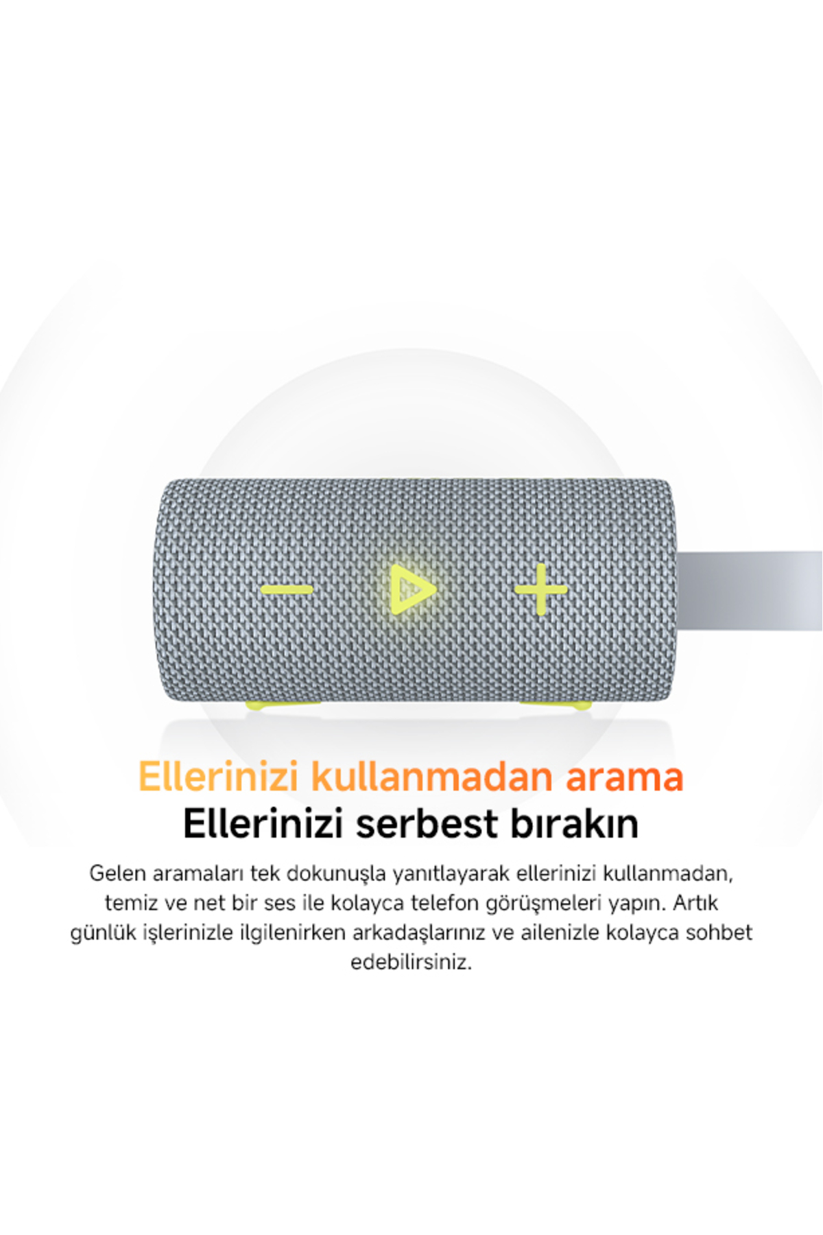 Sarı düğmeli ve play ikonlu gri hoparlör.