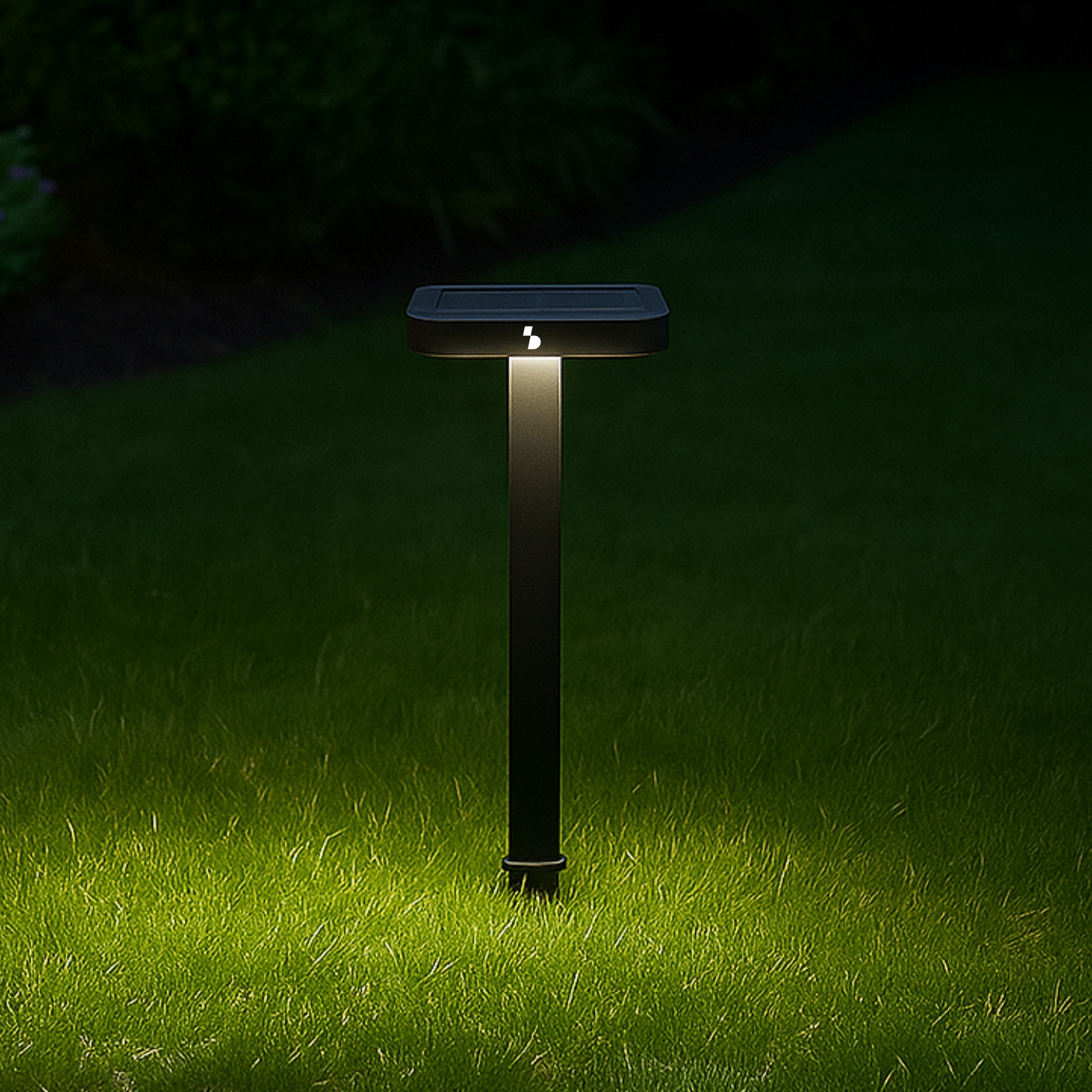Una luce da giardino scura con pannello solare illumina il prato di notte.