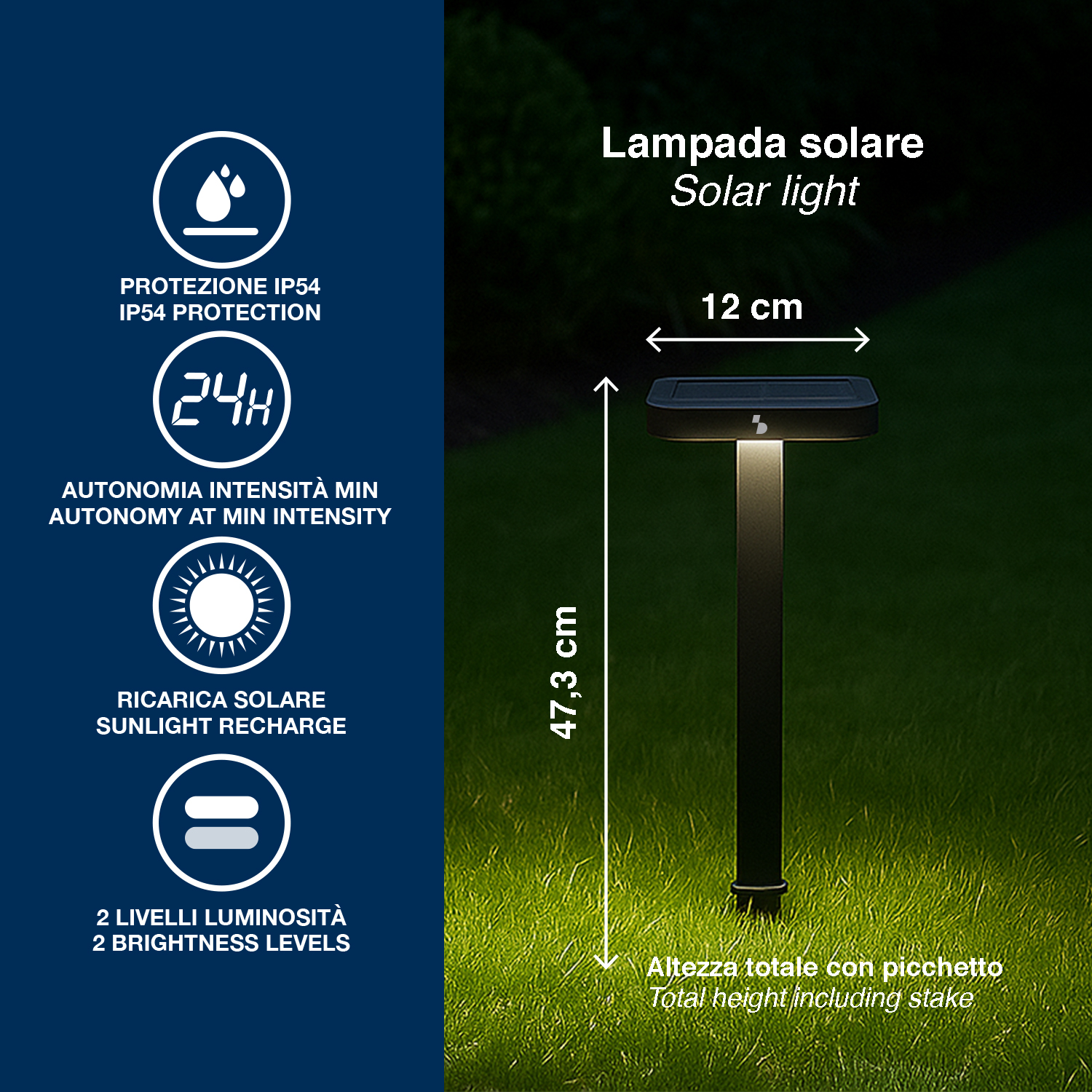 Lampada solare nera sull'erba, alta 47,3 cm, larga 12 cm.