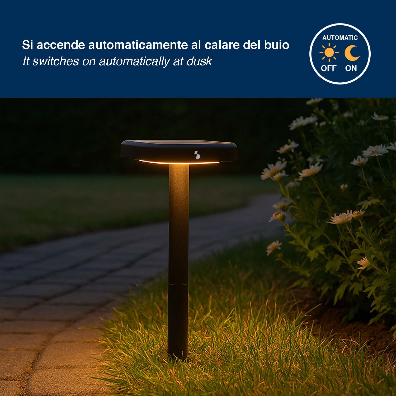 Un lampione da giardino scuro illumina un sentiero con fiori sullo sfondo.