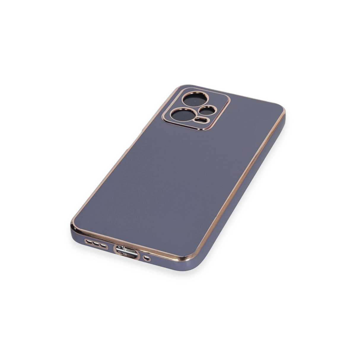 Altın kenarlı gri telefon kılıfı, kamera kesiği.