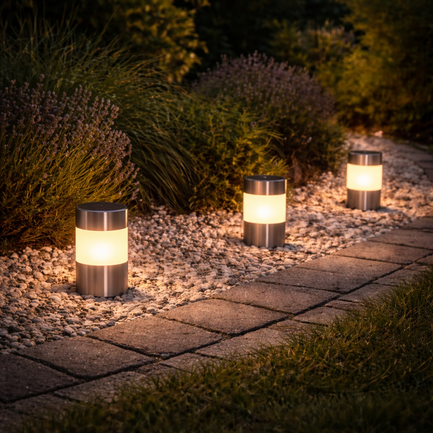 Tre luci da giardino in acciaio inox illuminate fiancheggiano un sentiero di pietra con ghiaia e piante.