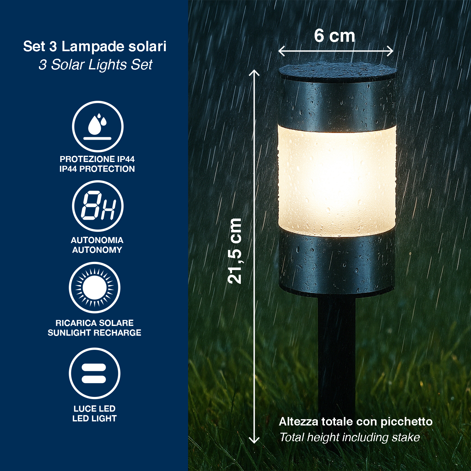Una lampada solare con protezione IP44, autonomia 8h, ricarica solare, luce LED.