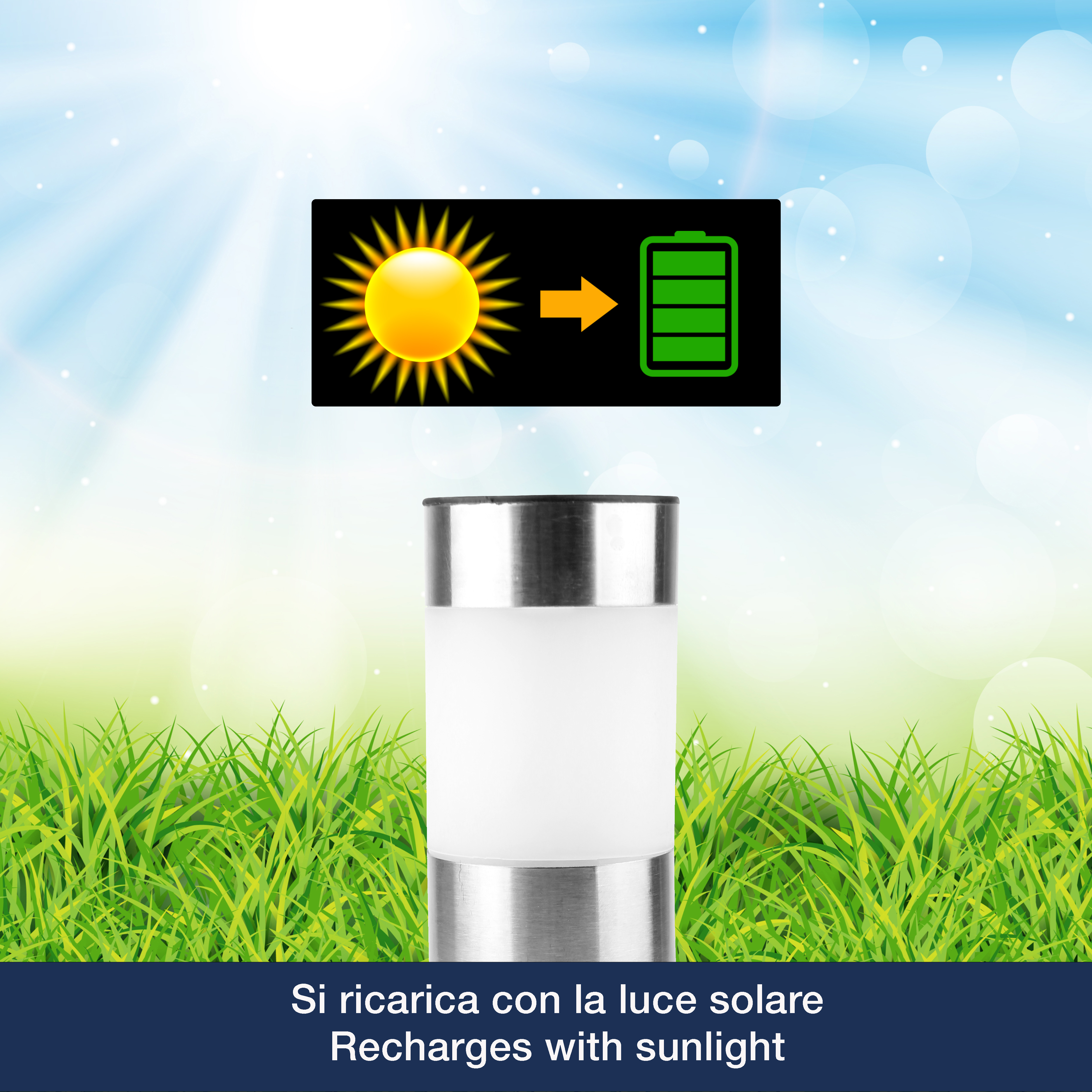 Una luce solare con simbolo da sole a batteria.