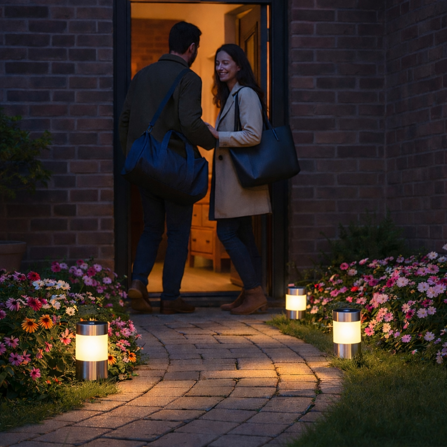 Una coppia entra in una casa, illuminata da luci da giardino e fiori.