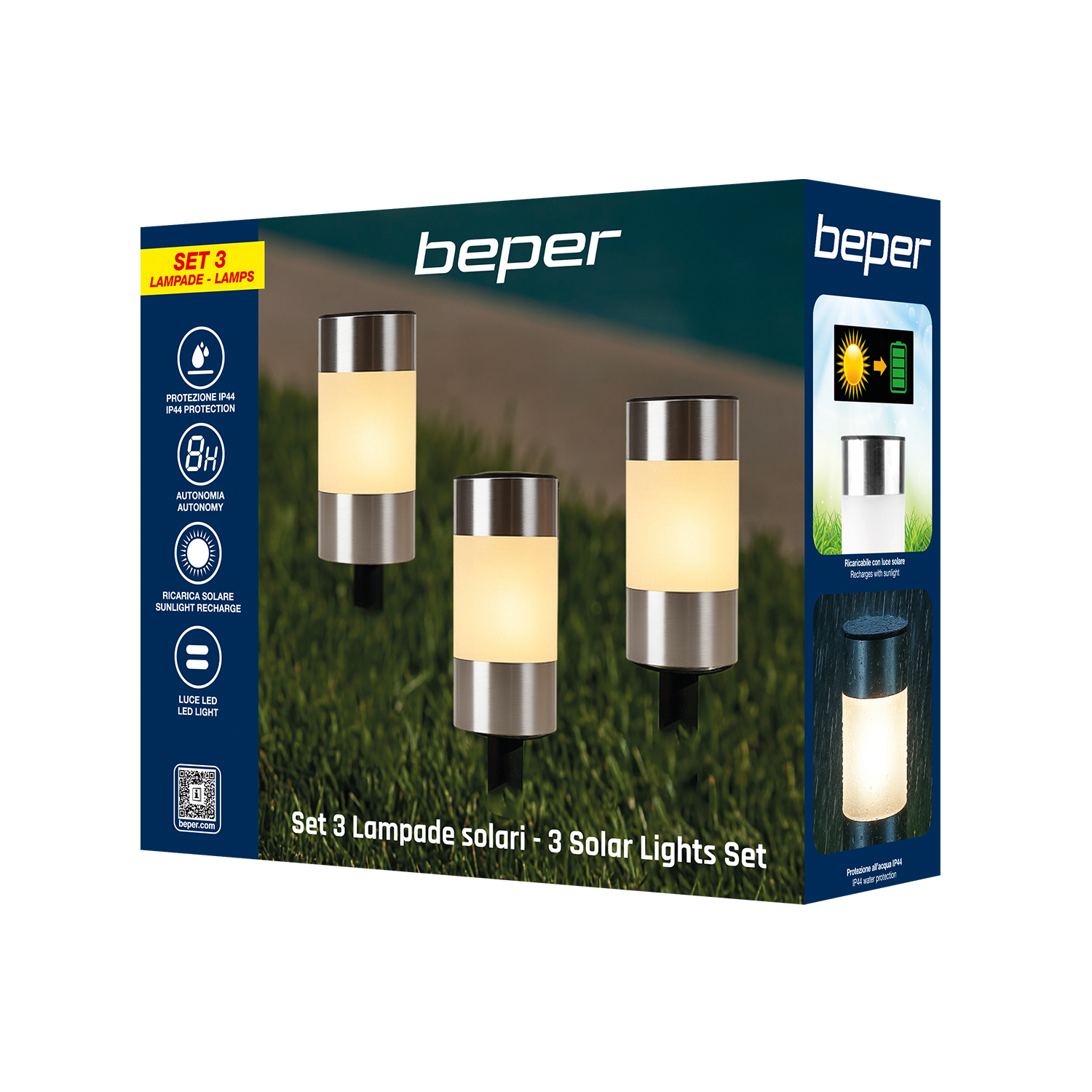 Set 3 lampade solari Beper, acciaio inox, vetro, uso esterno.