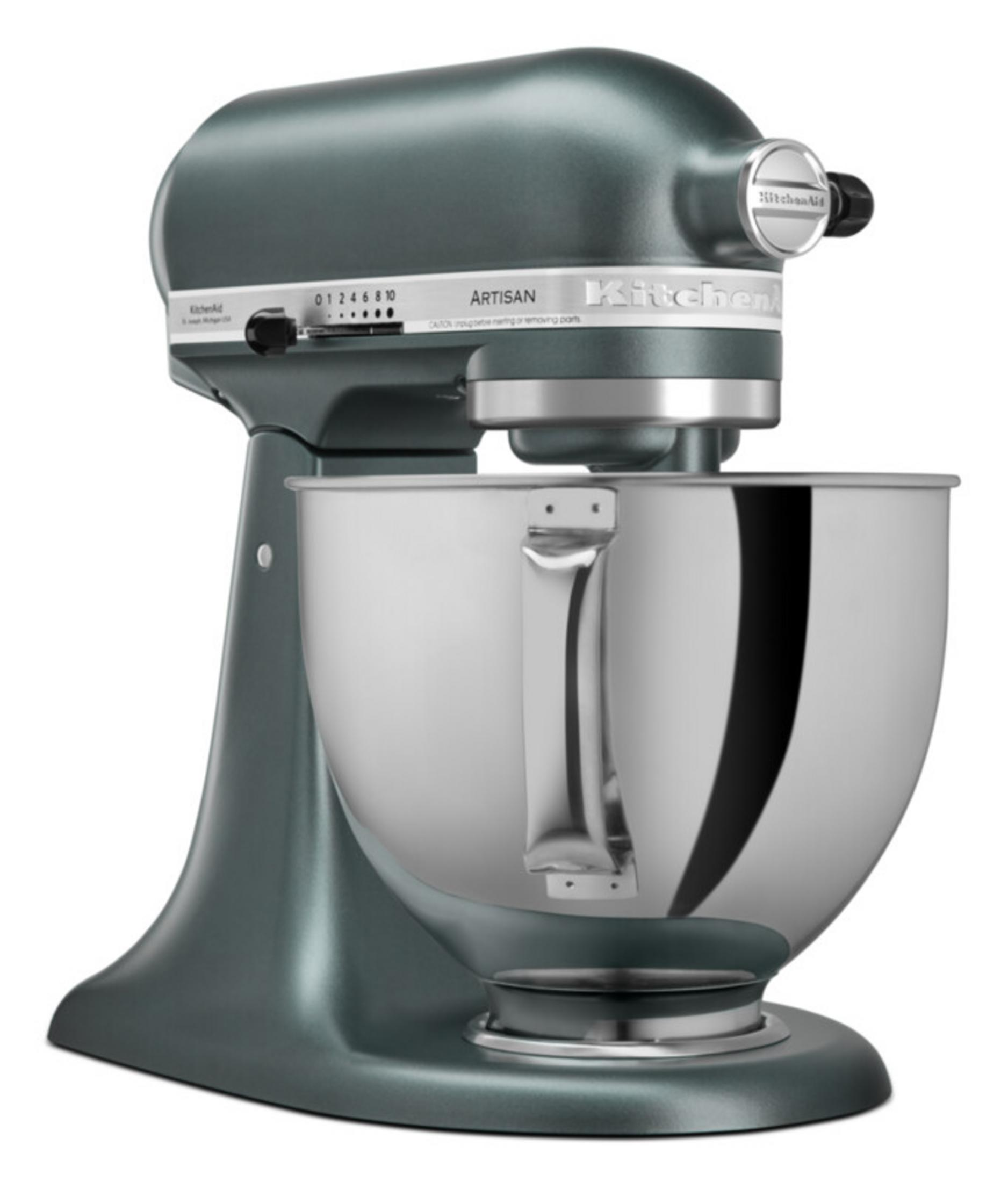 Un'impastatrice KitchenAid Artisan grigia con ciotola in acciaio inox lucido.