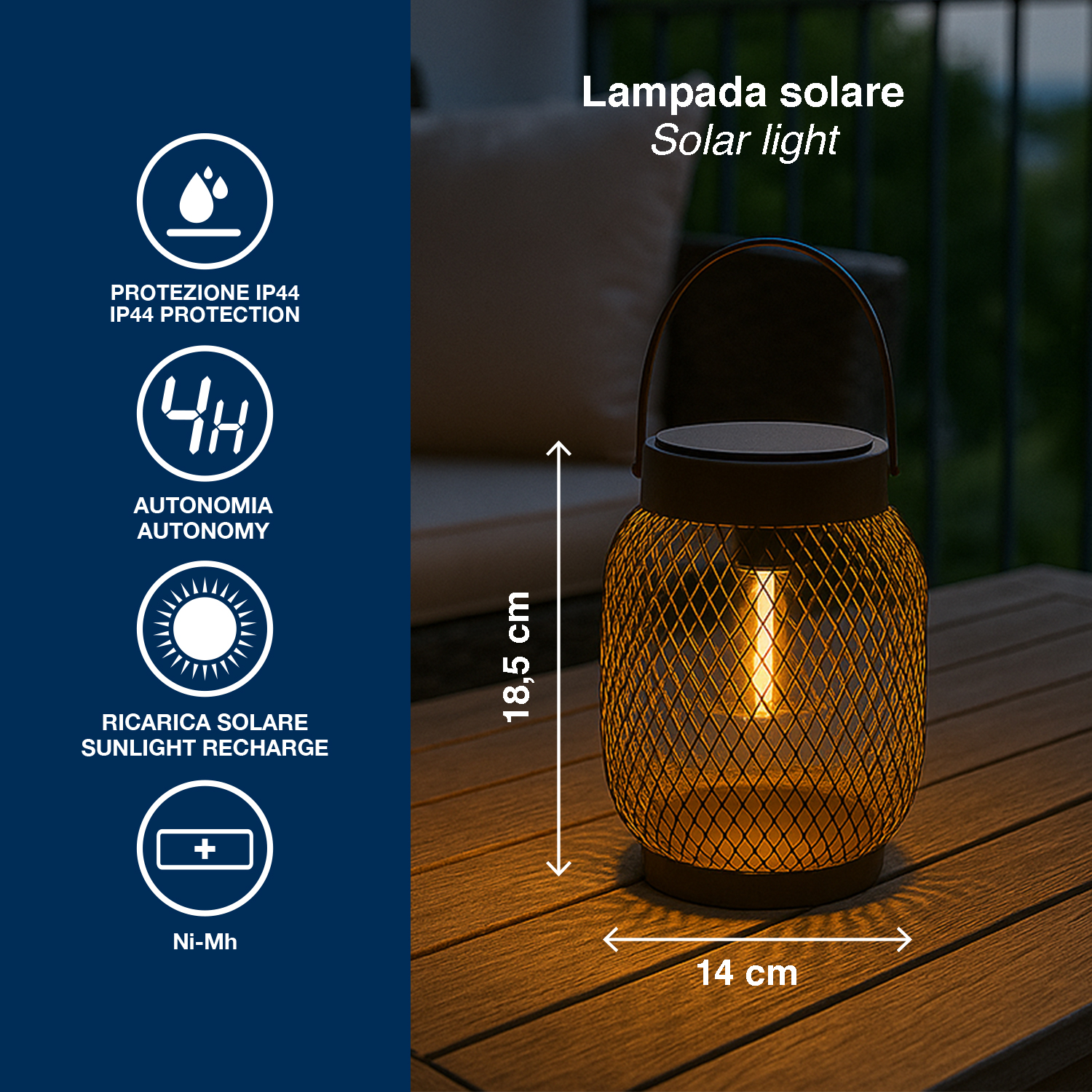 Una lanterna solare accesa su un tavolo di legno, alta 18,5 cm, larga 14 cm.