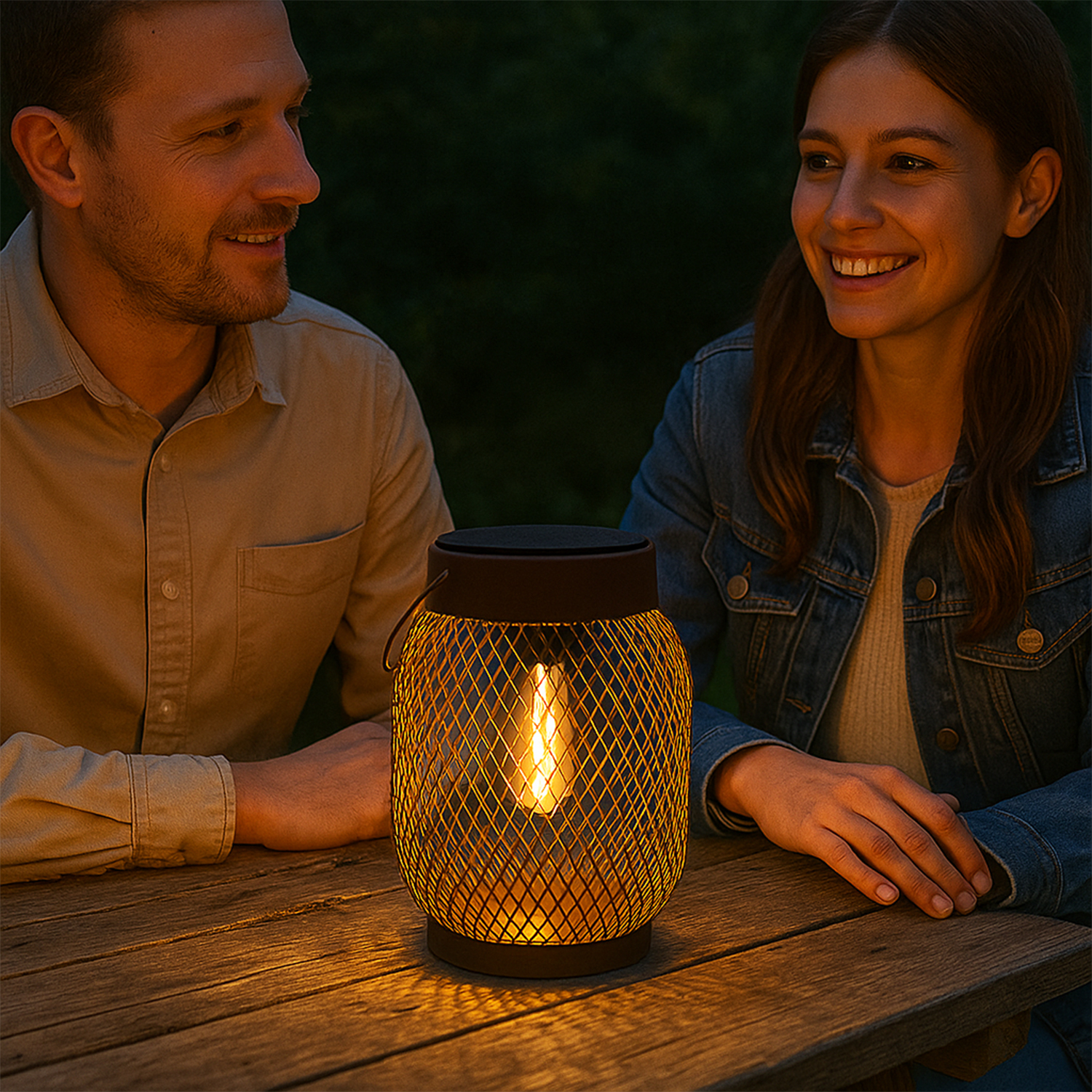 Una coppia seduta a un tavolo di legno di notte davanti a una lanterna luminosa.