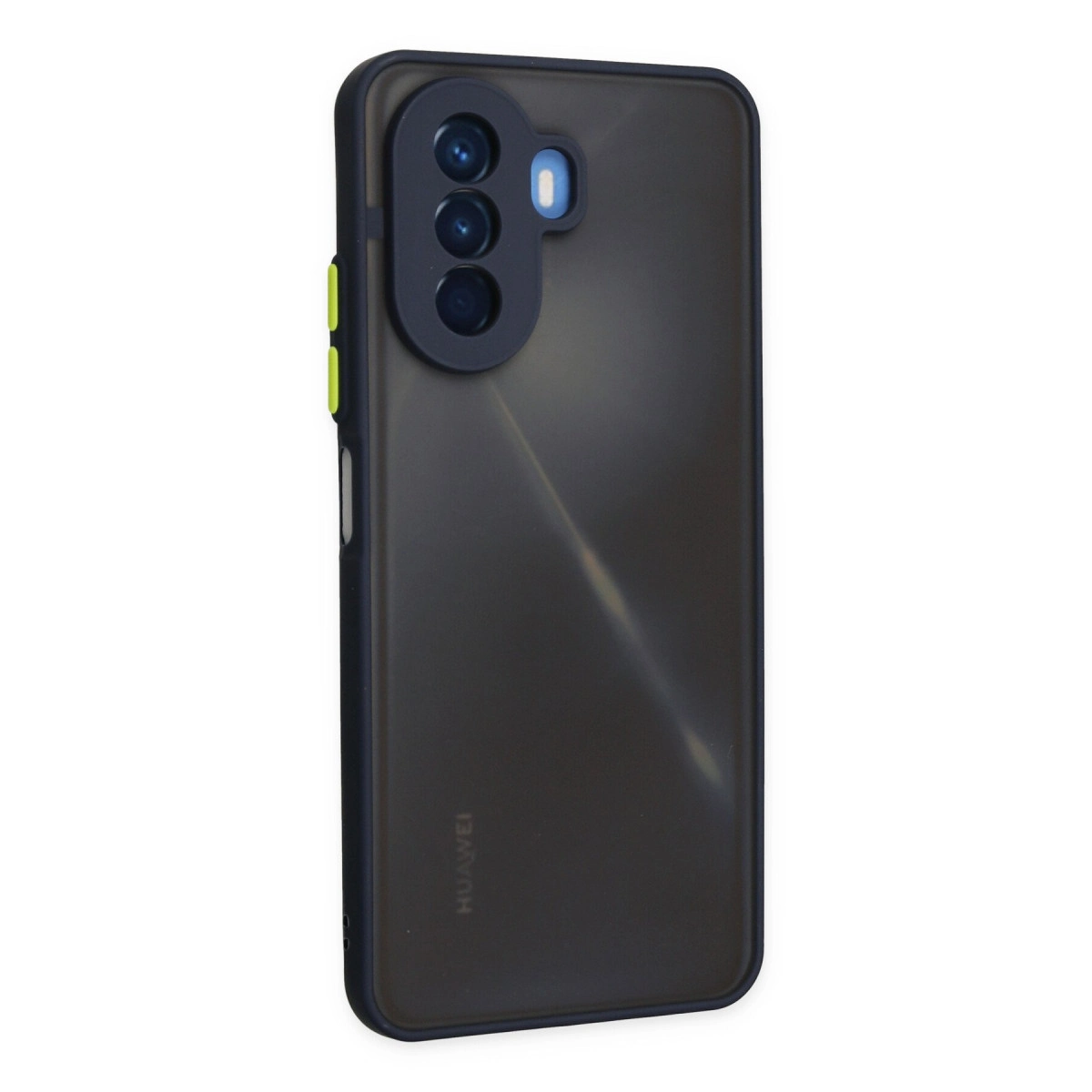 Üç kamera lensli, siyah kılıflı koyu gri telefon.