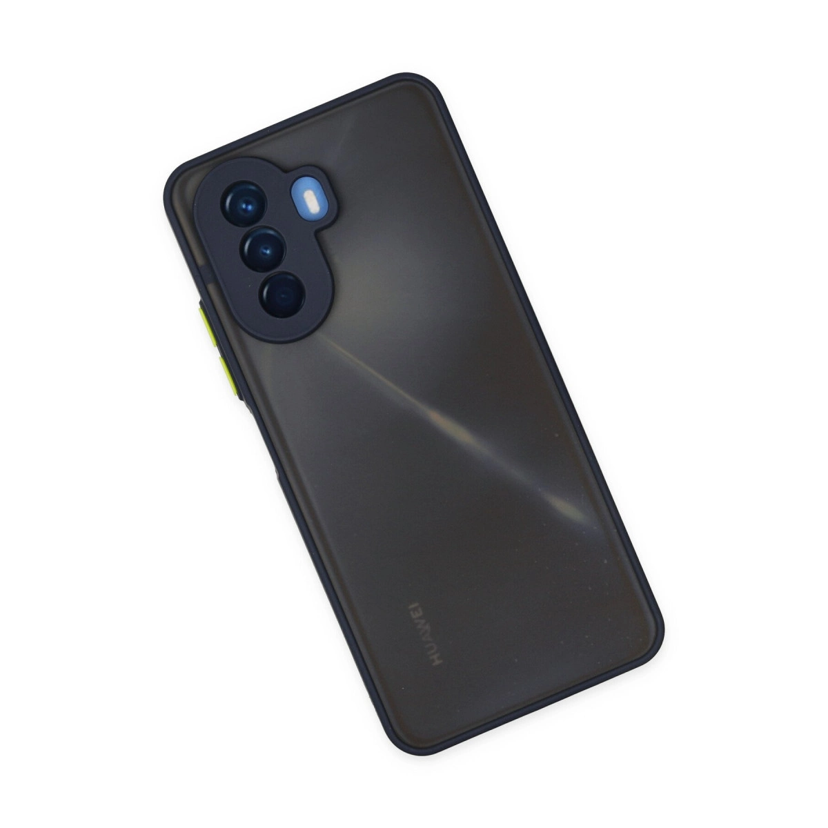 Arkada üç kamera ve flaşı olan koyu gri akıllı telefon.