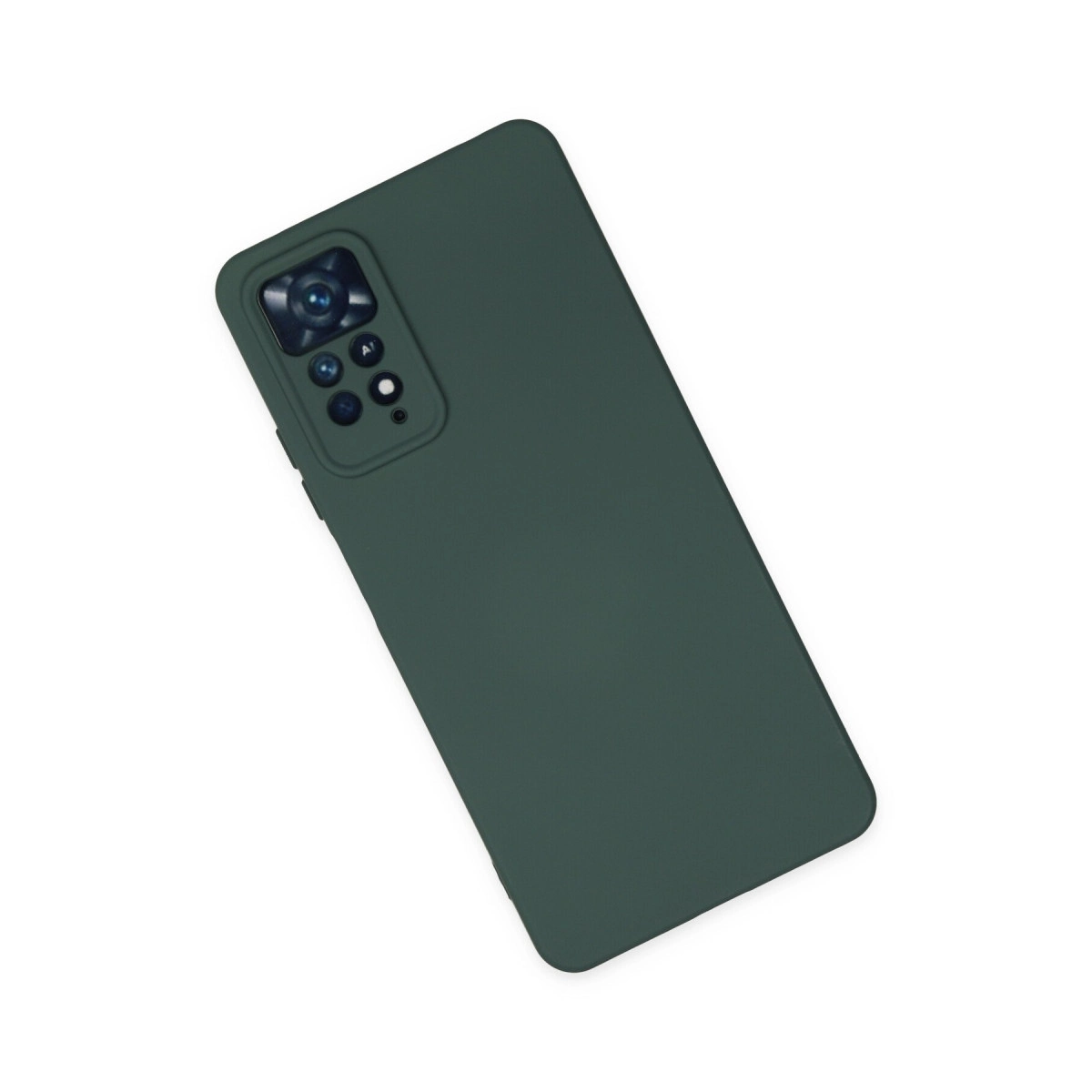 Dörtlü kamera kurulumlu koyu yeşil telefon kılıfı beyaz arka planda.