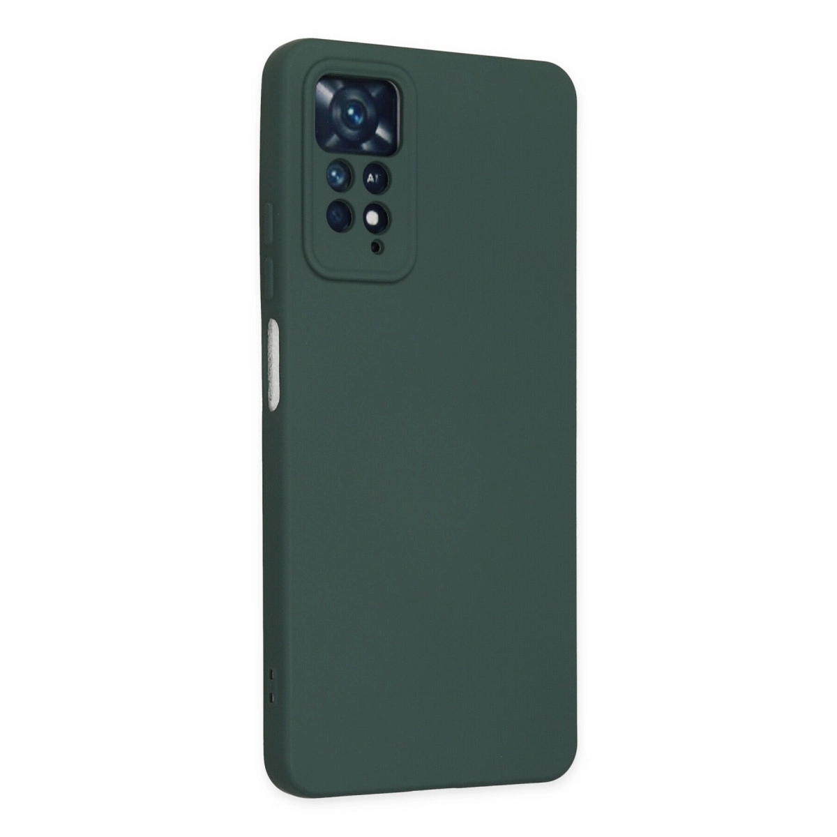 Dört lensli, dikdörtgen kamera modülüne sahip koyu yeşil telefon kılıfı.