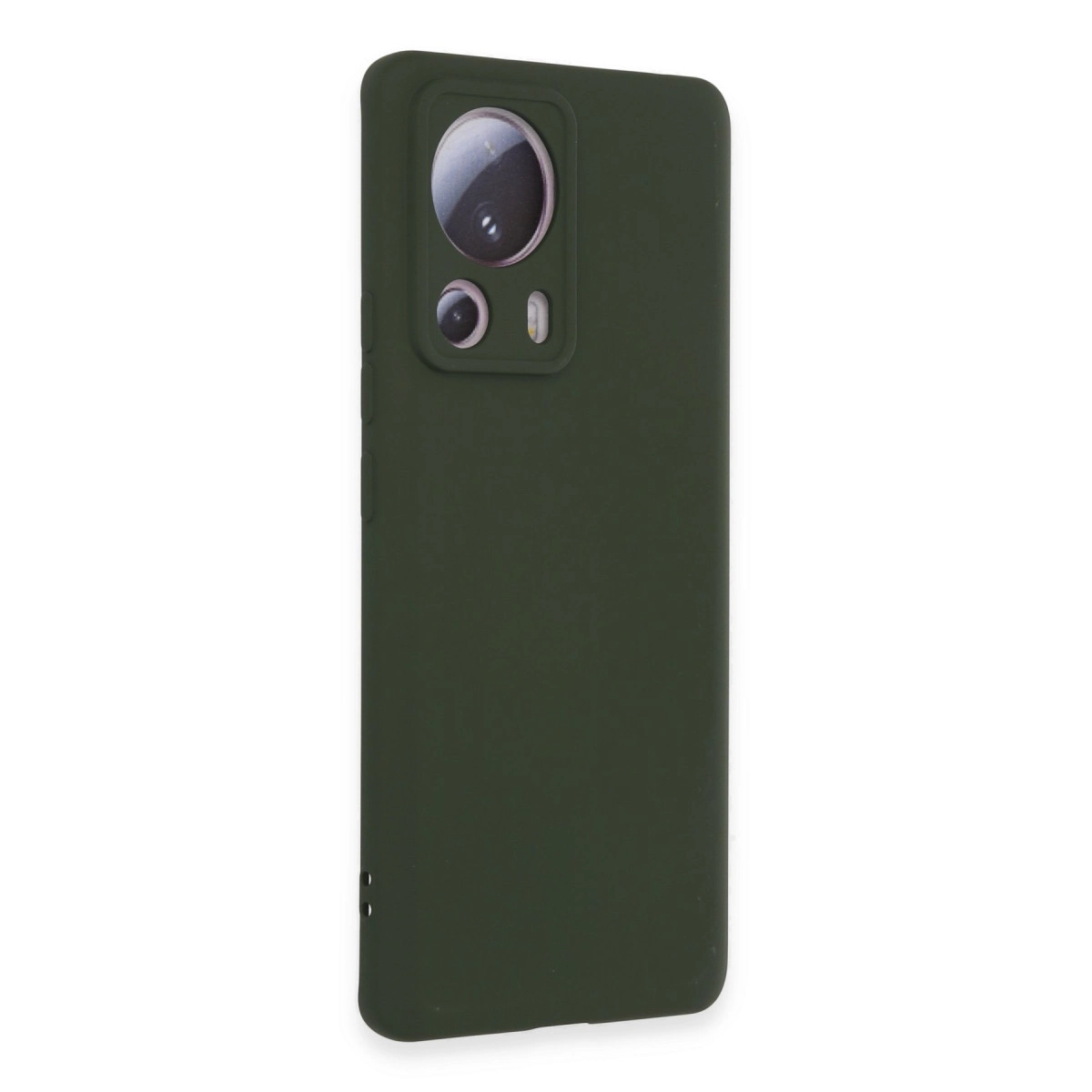 Arkada kamera lensi kesiği olan koyu yeşil telefon kılıfı.