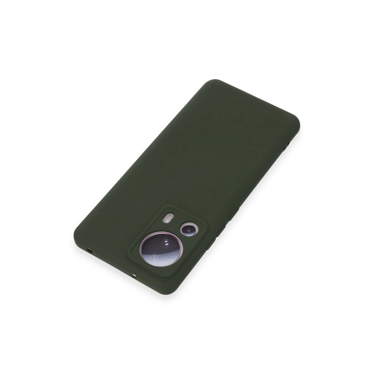 Kamera modüllü koyu yeşil telefon kılıfı beyaz arka plan üzerinde.