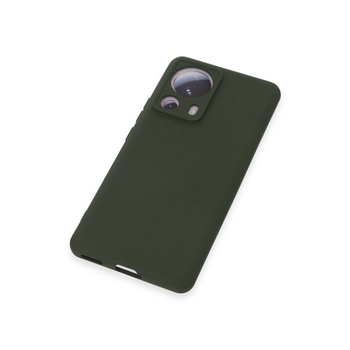 Kamera lensi kesimli koyu yeşil telefon kılıfı beyaz zeminde.