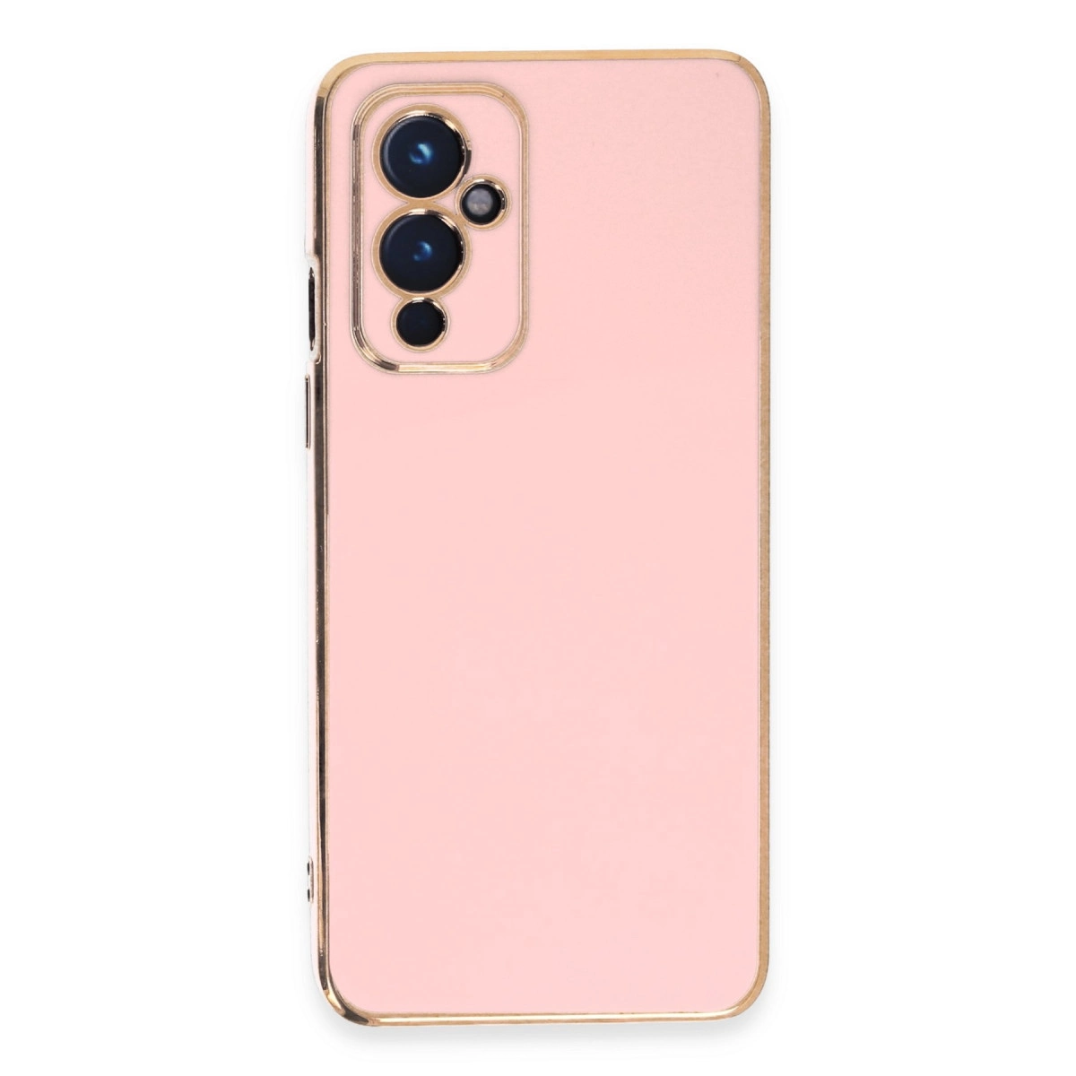 Altın kenarlıklı ve üçlü kamera düzenekli pembe telefon kılıfı.
