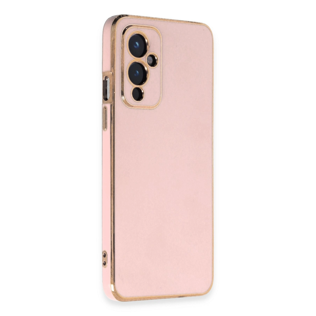 Üç kamera lensli ve altın kenarlıklı pembe telefon kılıfı.