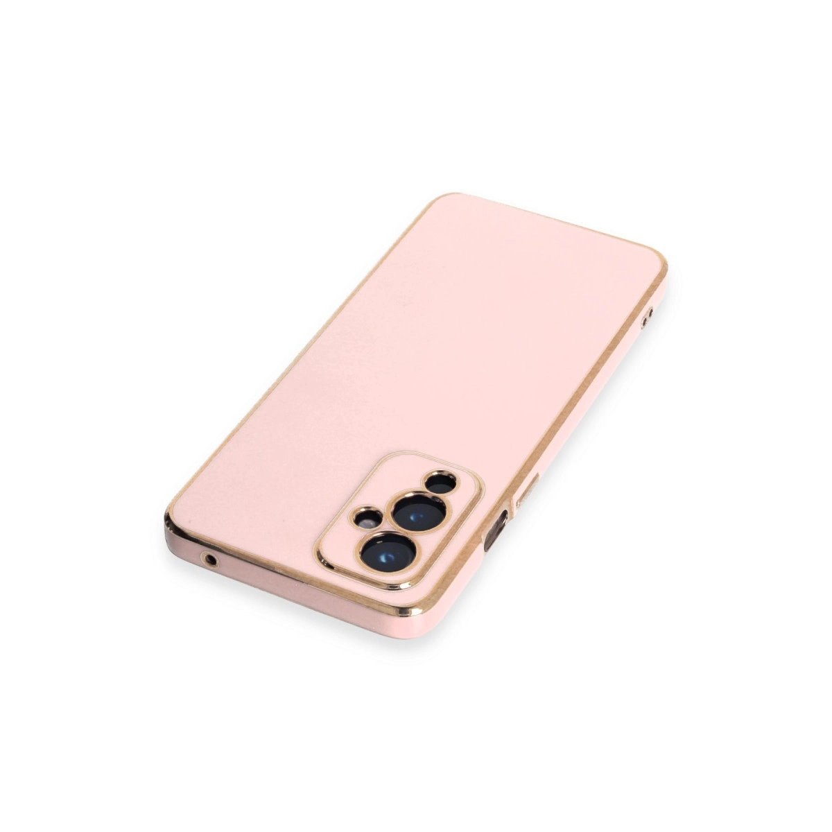Altın kenarlıklı, kamera kesimli pembe telefon kılıfı.