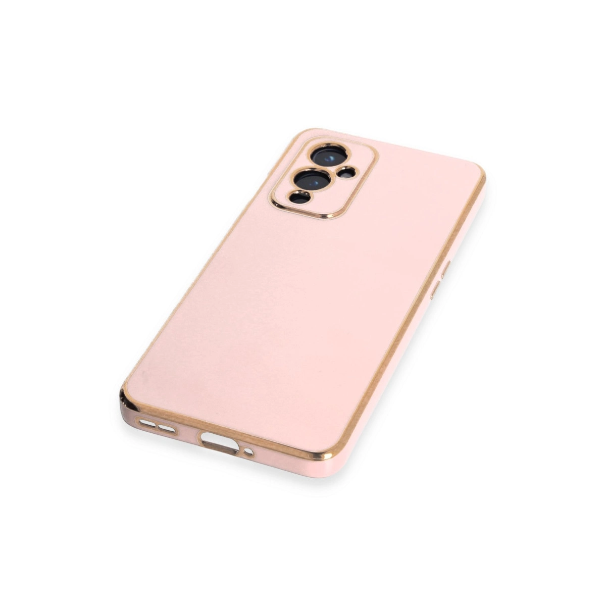 Altın çerçeveli ve kamera lens dizilimli pembe telefon kılıfı.