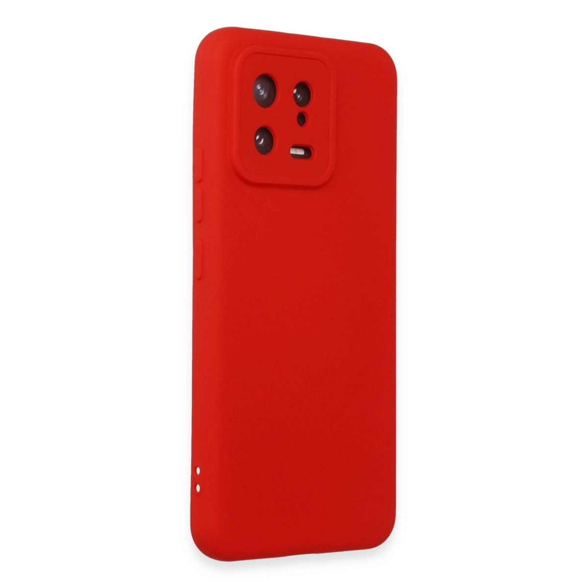Kamera kesimli ve düğmeli kırmızı telefon kılıfı.
