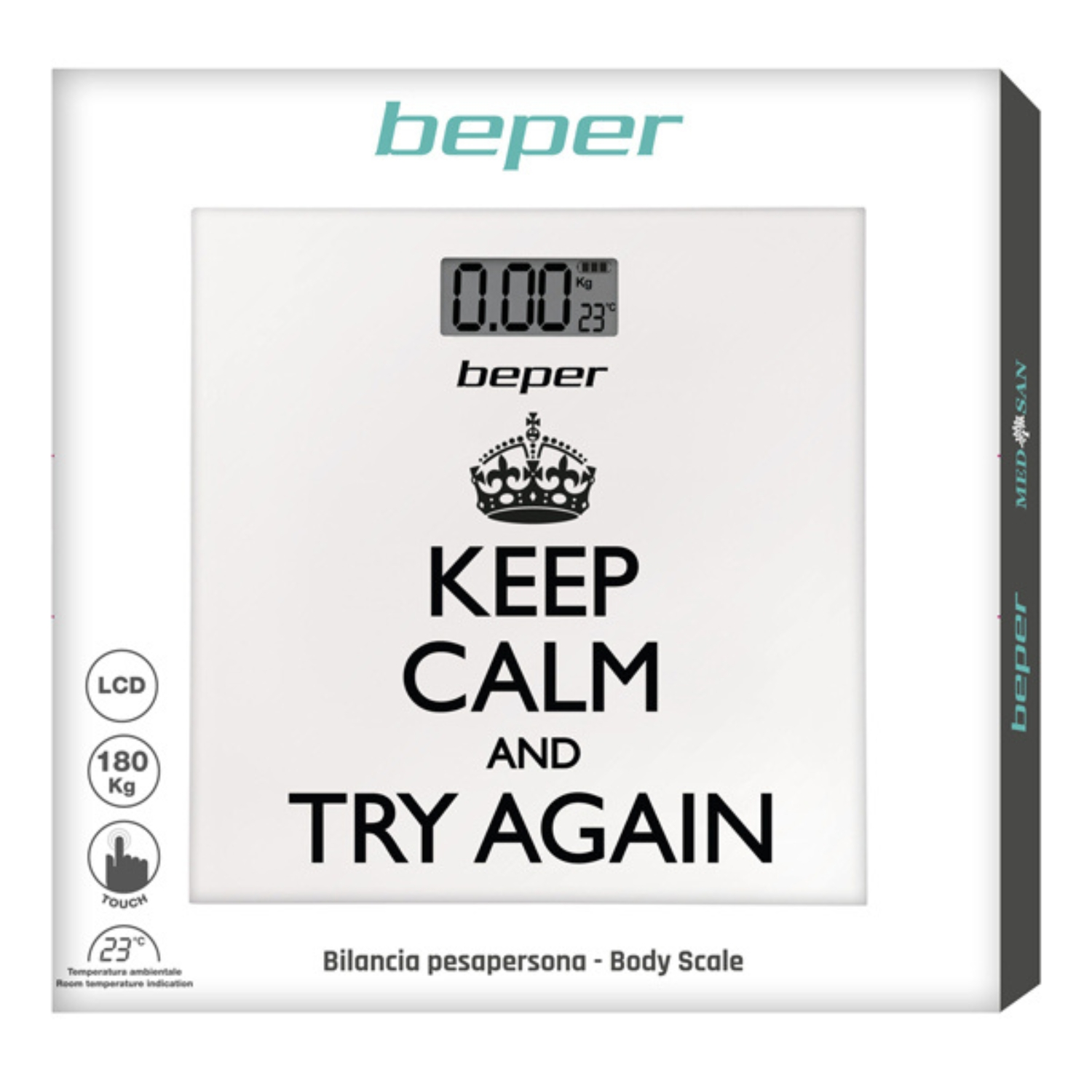Bilancia pesapersone digitale con scritta 'Keep Calm and Try Again'.