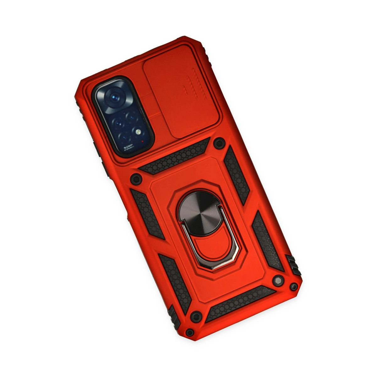 Kamera kapaklı ve halka tutuculu kırmızı telefon kılıfı.
