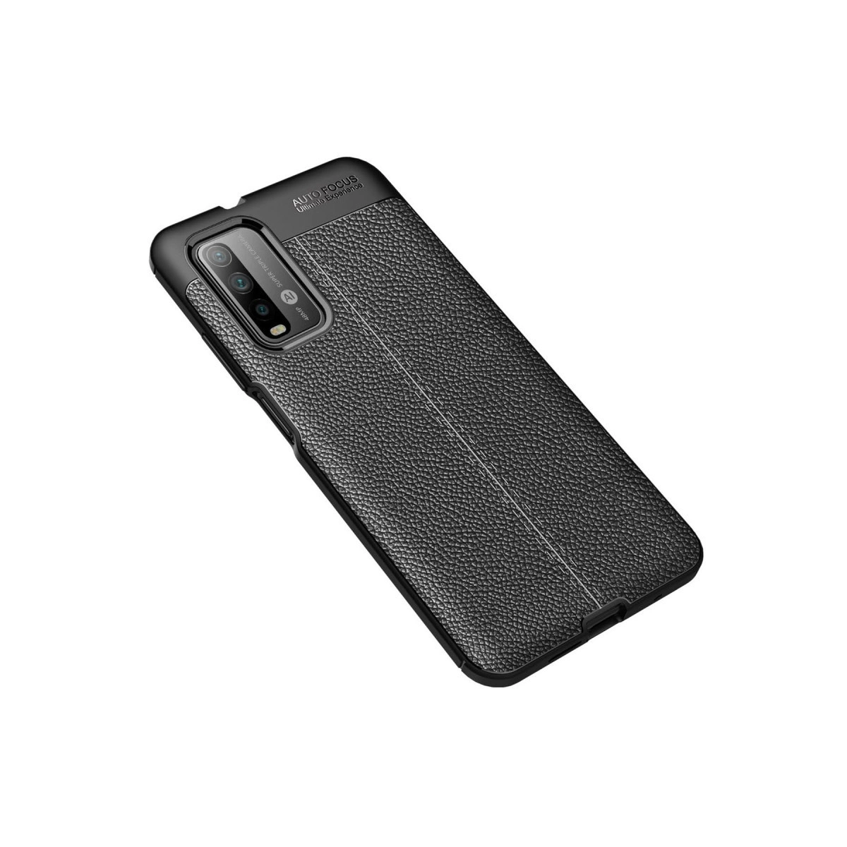 Deri dokulu, üçlü kamera açıklığına sahip siyah telefon kılıfı.