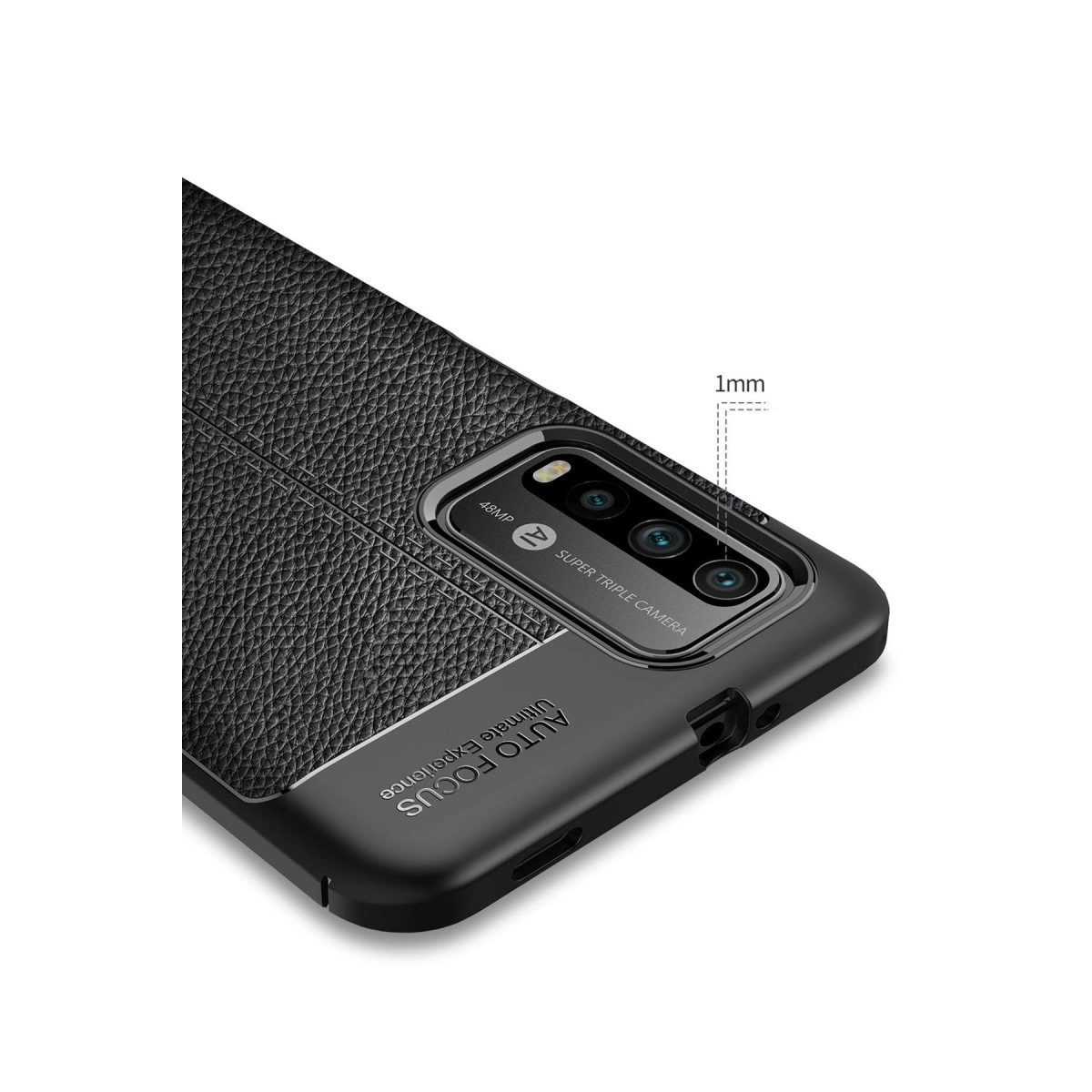 Deri dokulu siyah telefon, üçlü kamera ve 48MP.