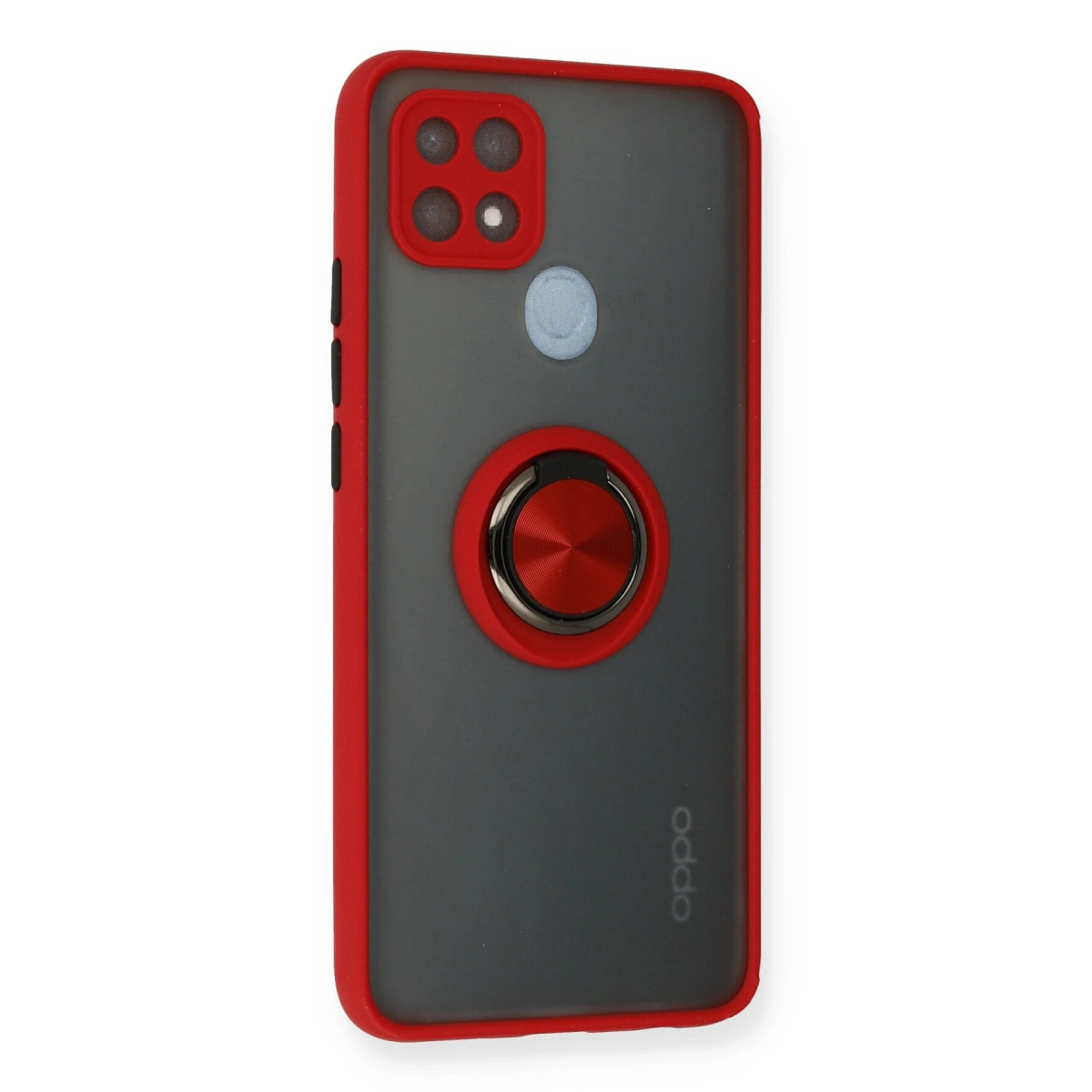Kırmızı kenarlı gri telefon kılıfı, halka tutucu ve kamera kesiği.