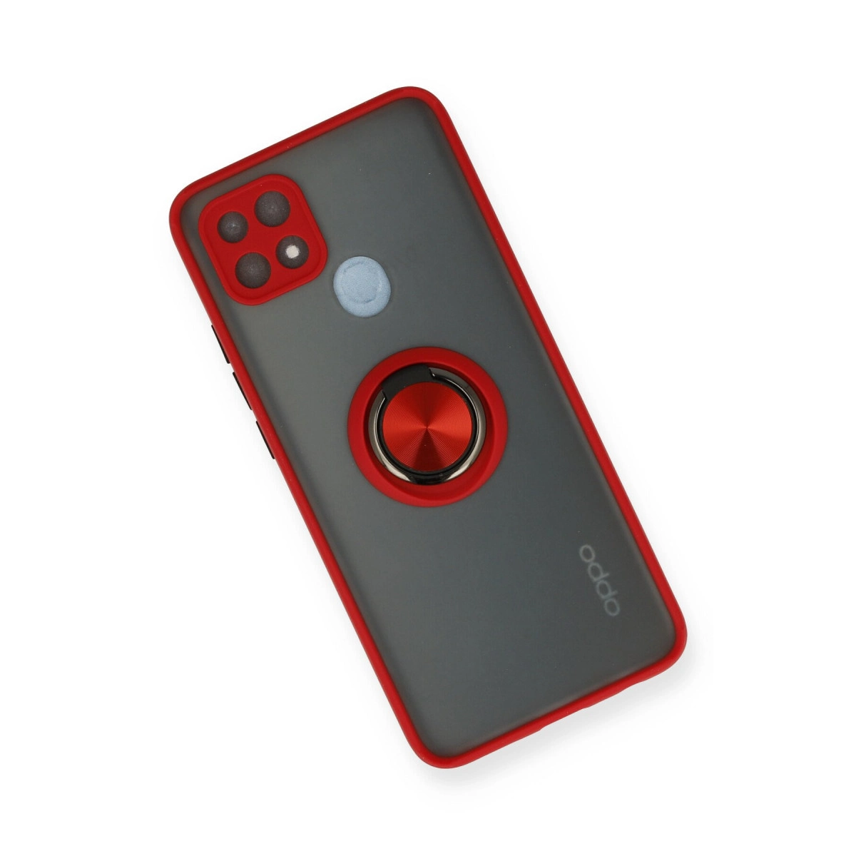Kırmızı kenarlı, kamera çıkıntılı ve halka tutuculu gri telefon kılıfı.