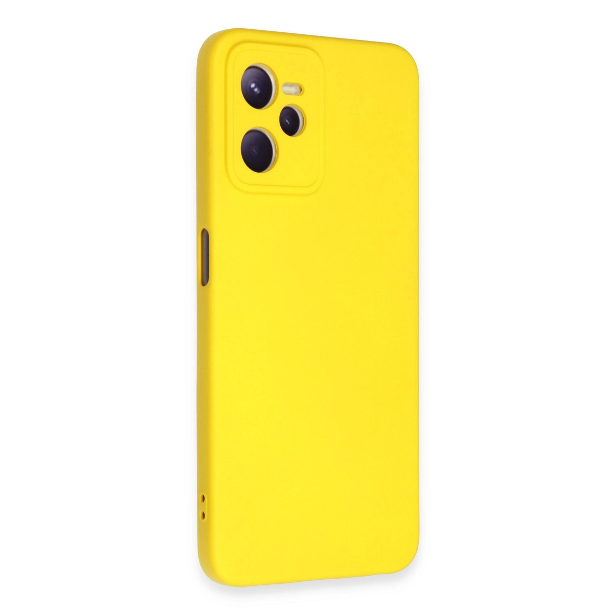 Kamera kesimli sarı telefon kılıfı, beyaz arka plan üzerinde.