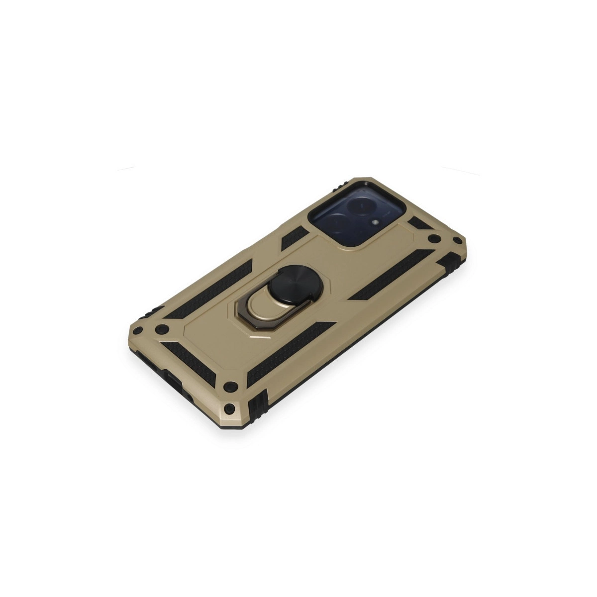Halka tutuculu altın rengi telefon kılıfı ve siyah kamera modülü.