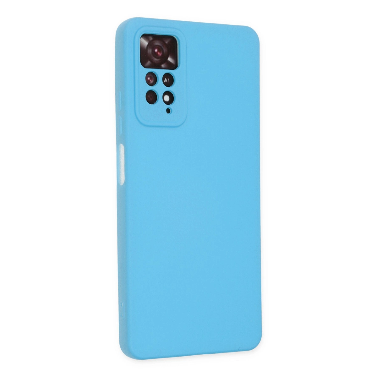 Arkada kamera modülü bulunan açık mavi telefon kılıfı.