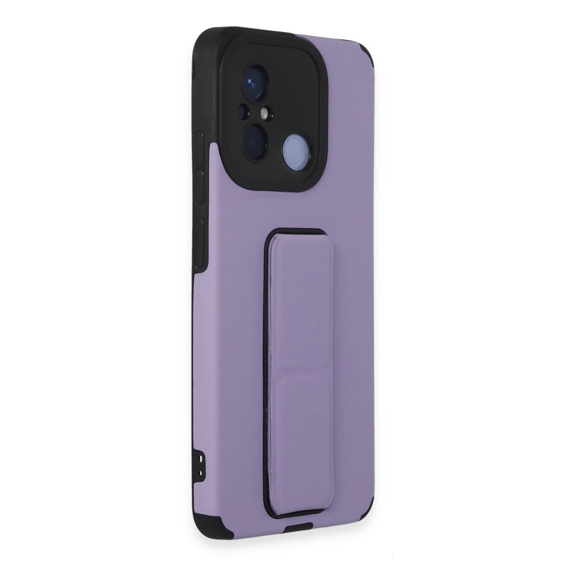 Entegre stantlı, siyah kamera yuvalı lavanta rengi telefon kılıfı.