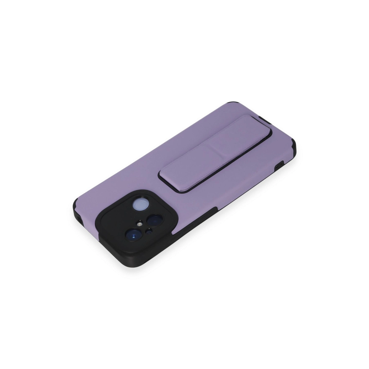 Lavanta rengi telefon kılıfı, siyah kamera kesimi ve stantlı.