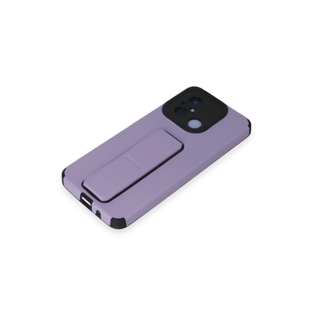 Entegre stantlı ve siyah kamera yuvalı mor telefon kılıfı.