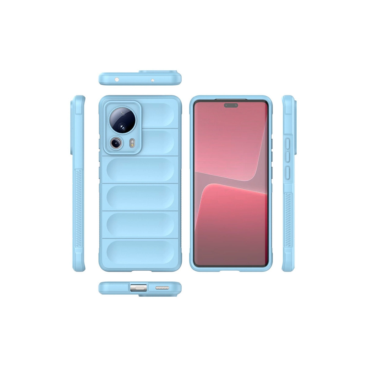 Yastıklı tasarımlı ve kamera kesimli açık mavi telefon kılıfı.