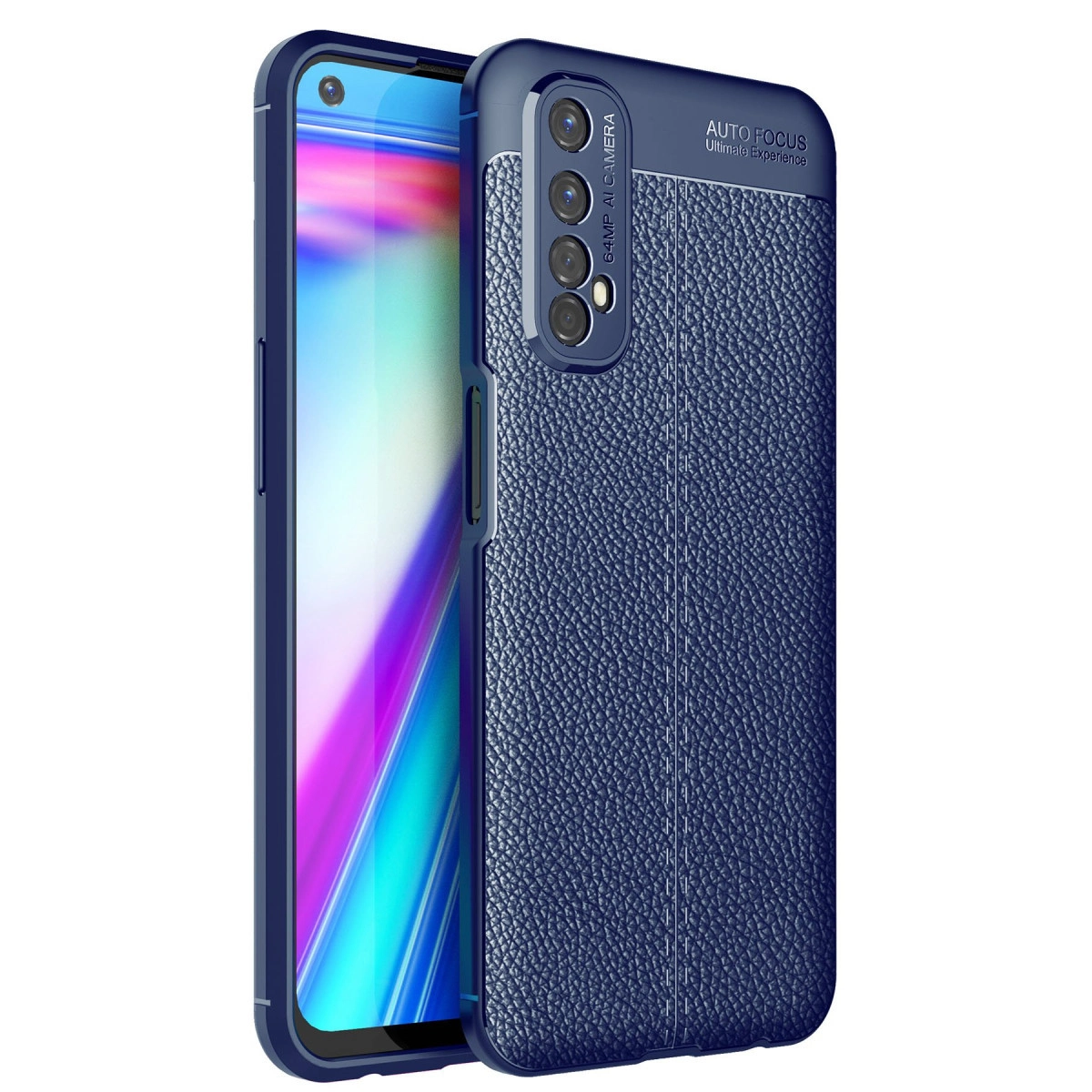 Dört kameralı, "AUTO FOCUS" yazılı, deri dokulu lacivert telefon.
