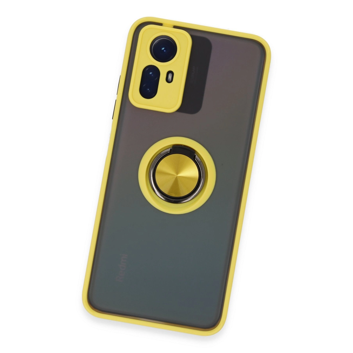Halka tutuculu sarı telefon kılıfı, kameralar ve Redmi logosu.