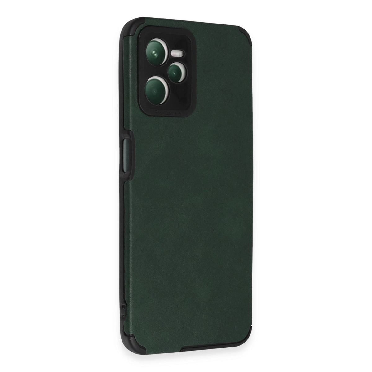 Üç lensli siyah kamera çıkıntısına sahip koyu yeşil telefon kılıfı.