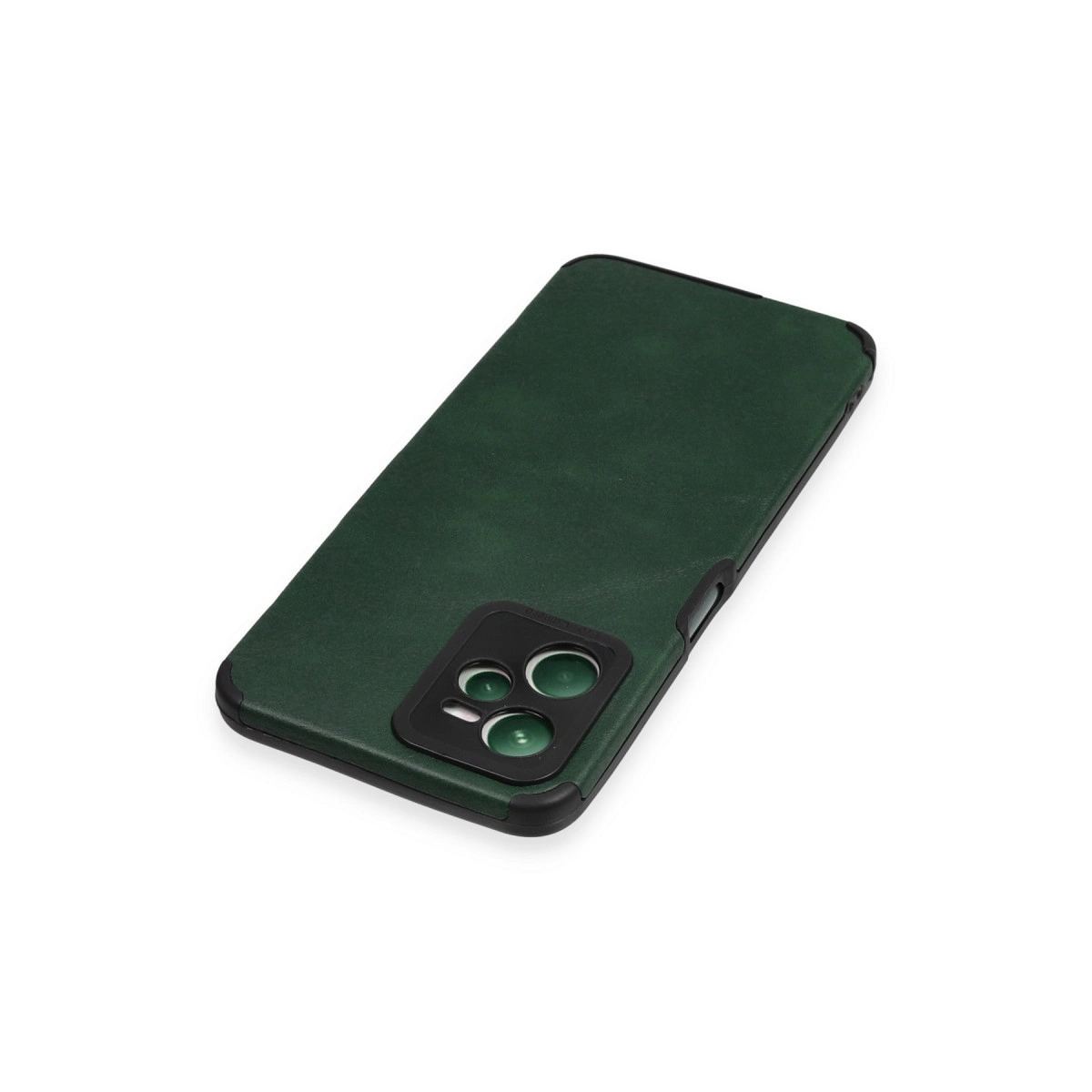 Siyah kamera çerçeveli koyu yeşil telefon kılıfı, beyaz arka plan üzerinde.