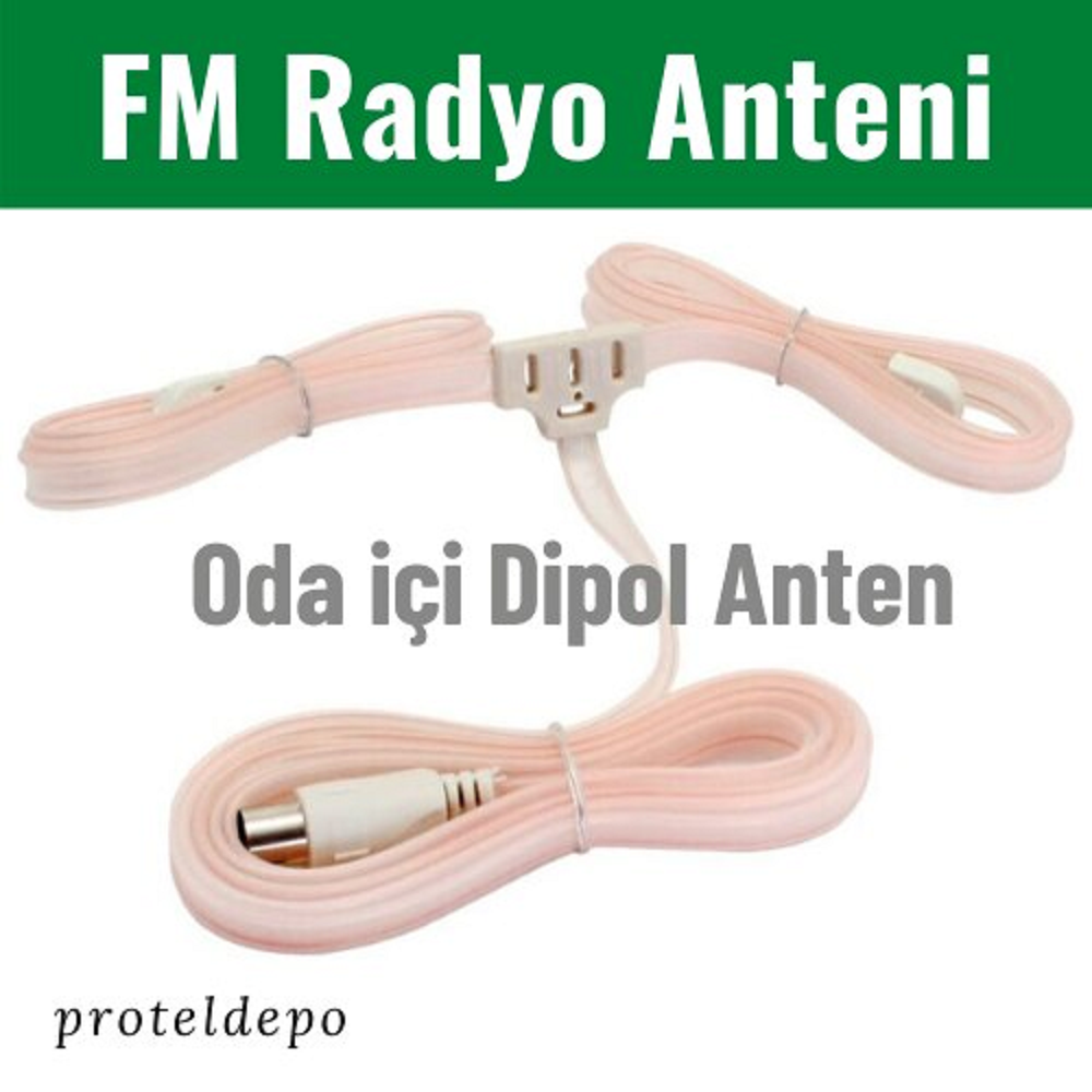 Beyaz konektörlü ve bağlantı parçalı pembe dipol FM radyo anteni.